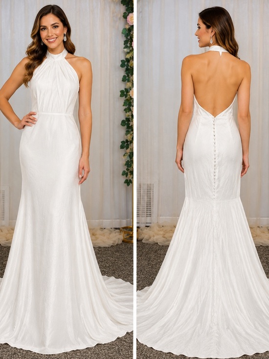 Lulus Dresses & Skirts - Lulus White Satin Halter Open Back Mermaid Wedding Dress M